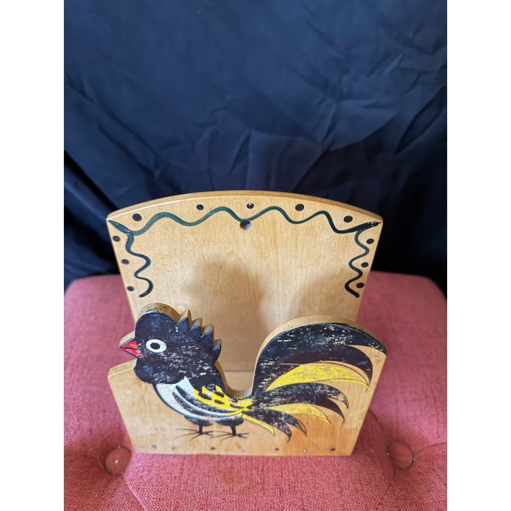 Vintage Woodpecker Woodware Rooster Napkin Letter Holder Hand Painted Japan Wood